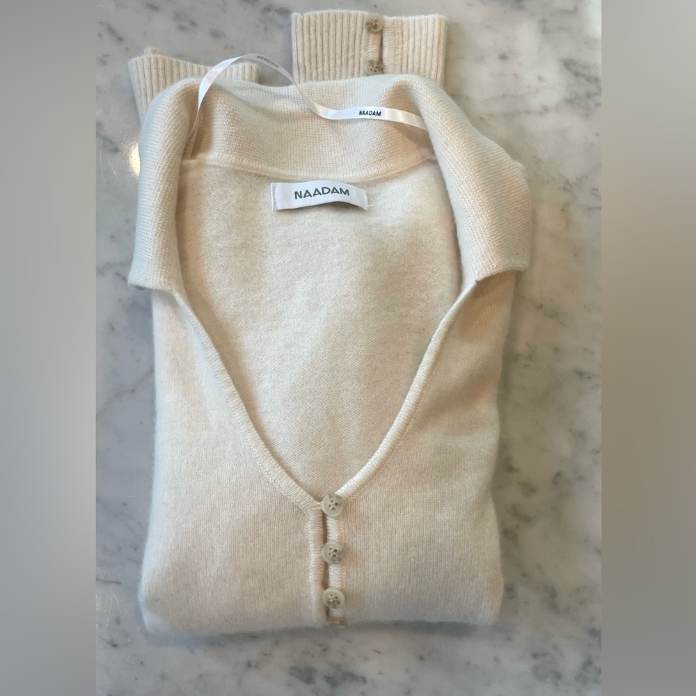 NAADAM Cashmere Buttoned V-Neck Sweater, Cream, XS - Picture 12 of 16